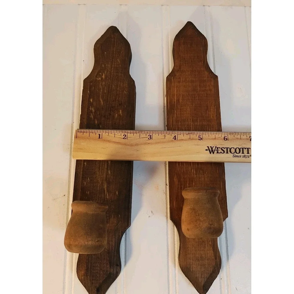 Vtg Wood Wall Candle Sconce Pair Cottage Rustic Farmhouse Country Core MCM Folk